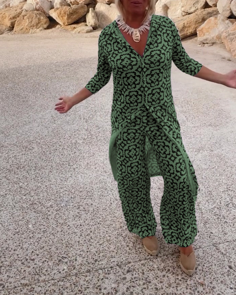 Olivia | Printed V-Neck Tunic Top And Wide Leg Trousers Set