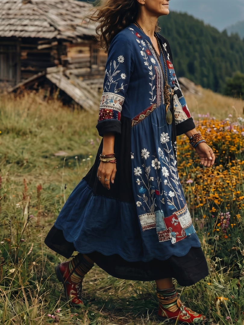 Alix | Midi Dress – Embroidered Panel Style for Women