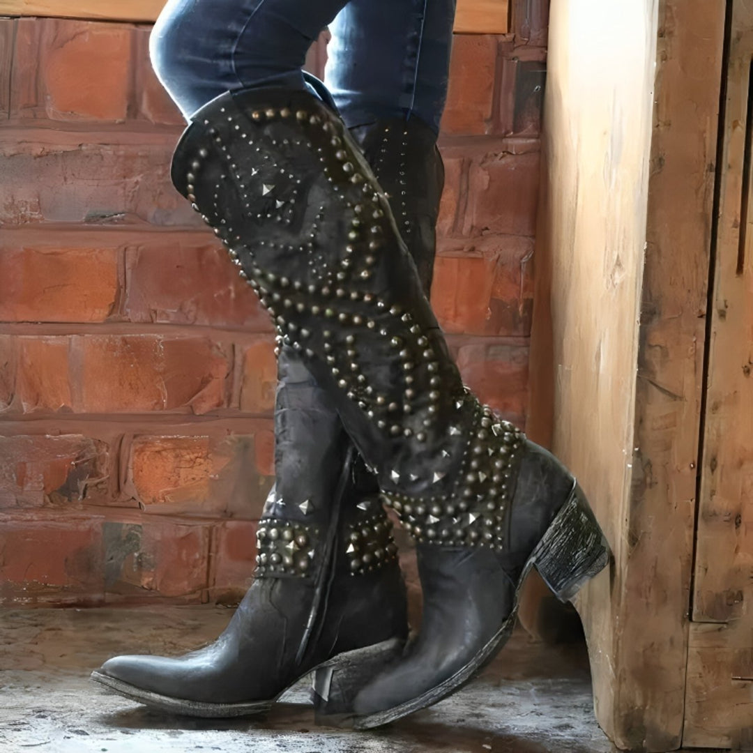 Altagracia | Rivet Studded Pointed Toe Western Knee High Boots