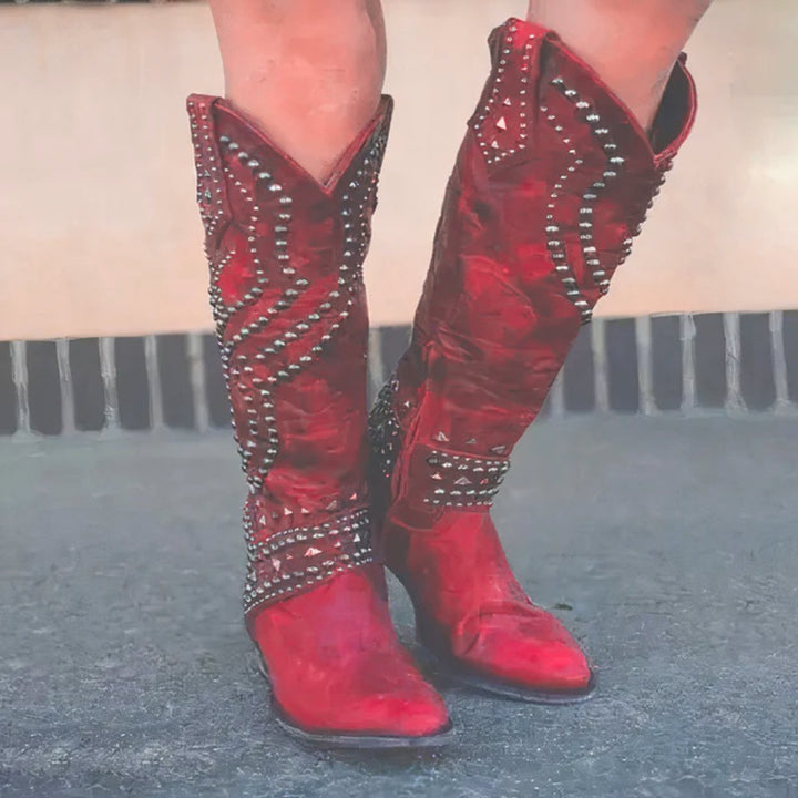Altagracia | Rivet Studded Pointed Toe Western Knee High Boots