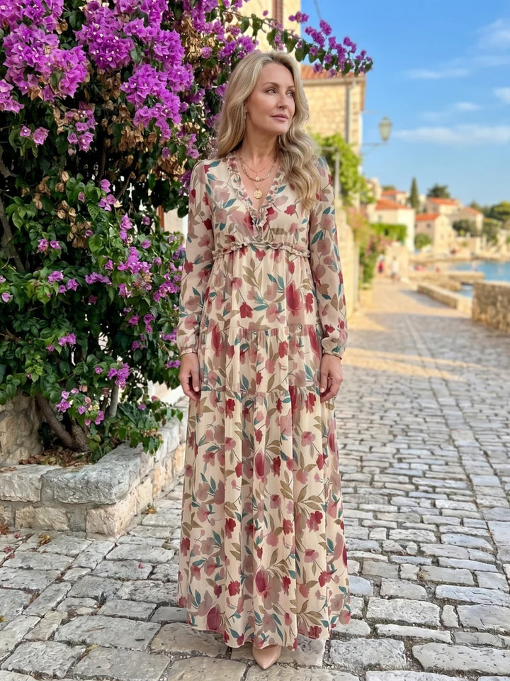Isadora | Langarm-Maxikleid für den Herbst mit Blumenmuster und Volants