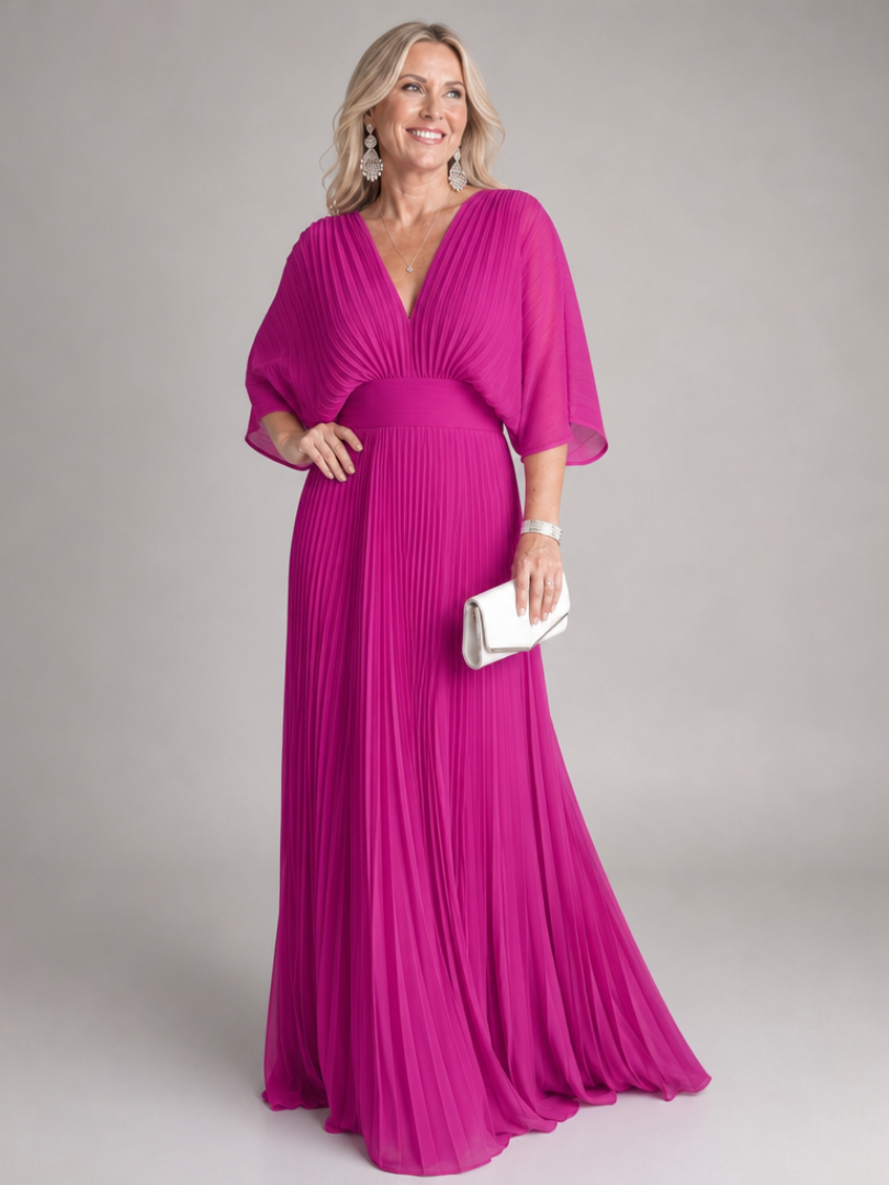 Nadia | V-Neck Long-Sleeve Pleated Fall Maxi Dress