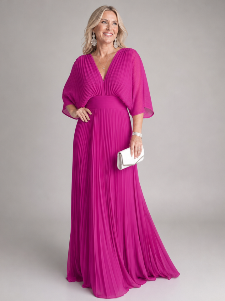 Nadia | V-Neck Long-Sleeve Pleated Fall Maxi Dress