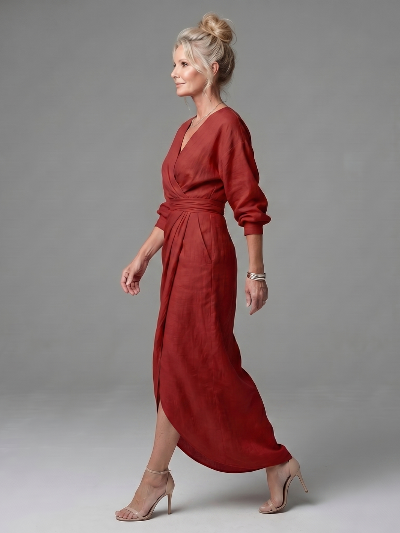 Estelle | Diagonal-Drape Long-Sleeve Fall Maxi Dress