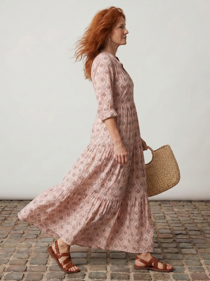 Camilla | Langarm-Maxikleid für den Herbst mit Print und Schlitz-Ausschnitt