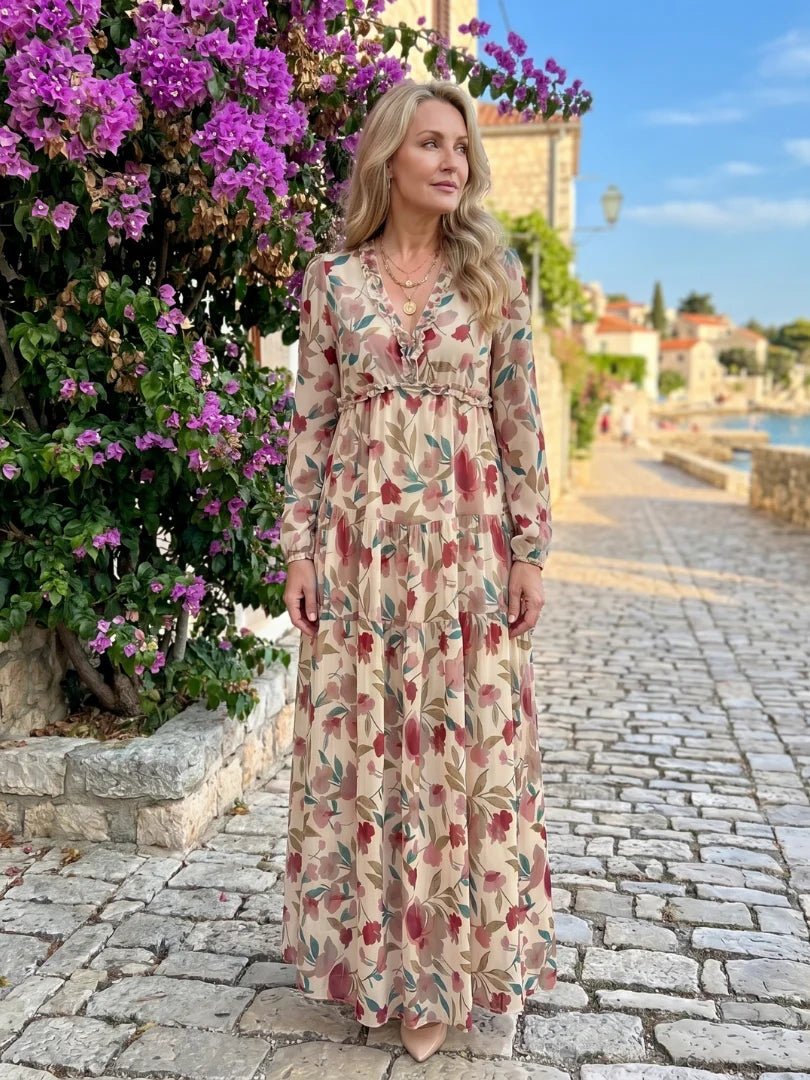 Isadora | Langarm-Maxikleid für den Herbst mit Blumenmuster und Volants