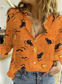 Tessa | Orange Cat-Print Cozy Halloween Blouse