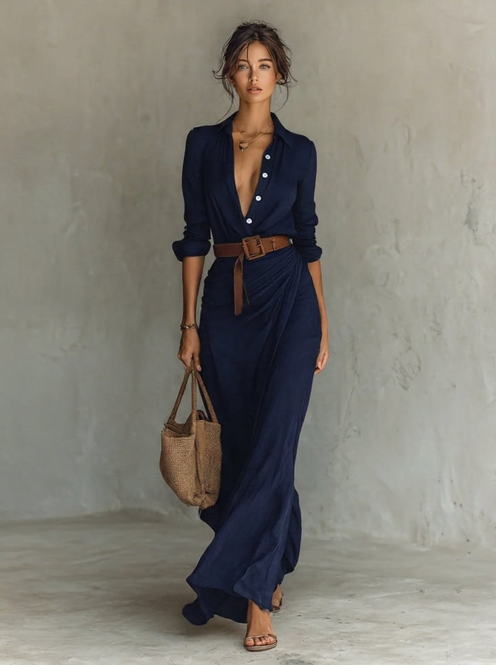 Erin | Elegantes langärmeliges Maxikleid im Hemdblusenstil mit Gürtel