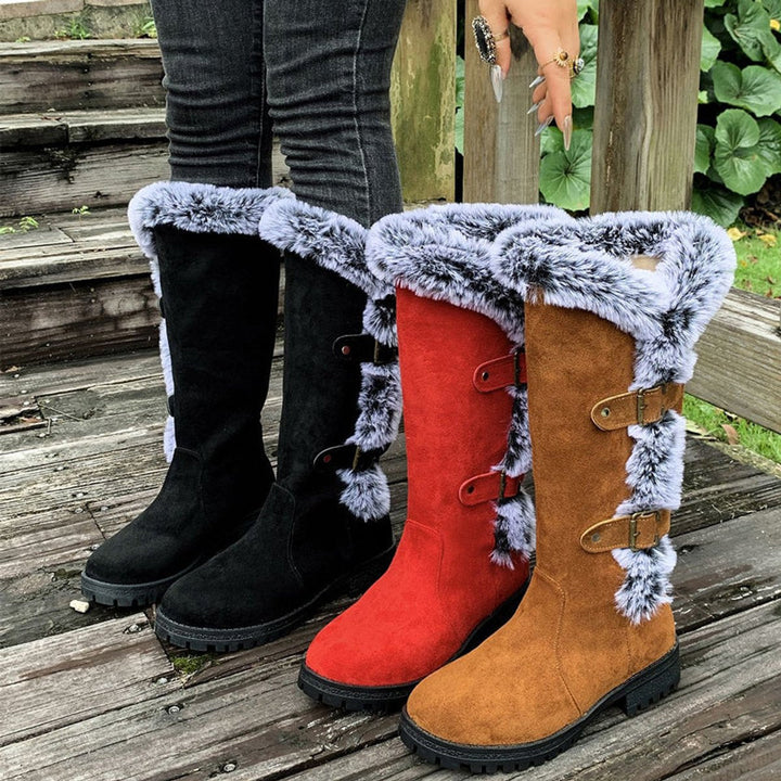 Fiona | Plush Fur-Trimmed Buckle Knee High Boots