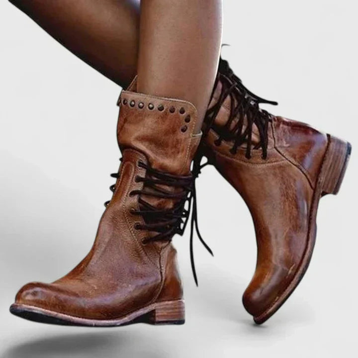 Sherlyn | Vintage Studded Lace-Up Knee High Boots