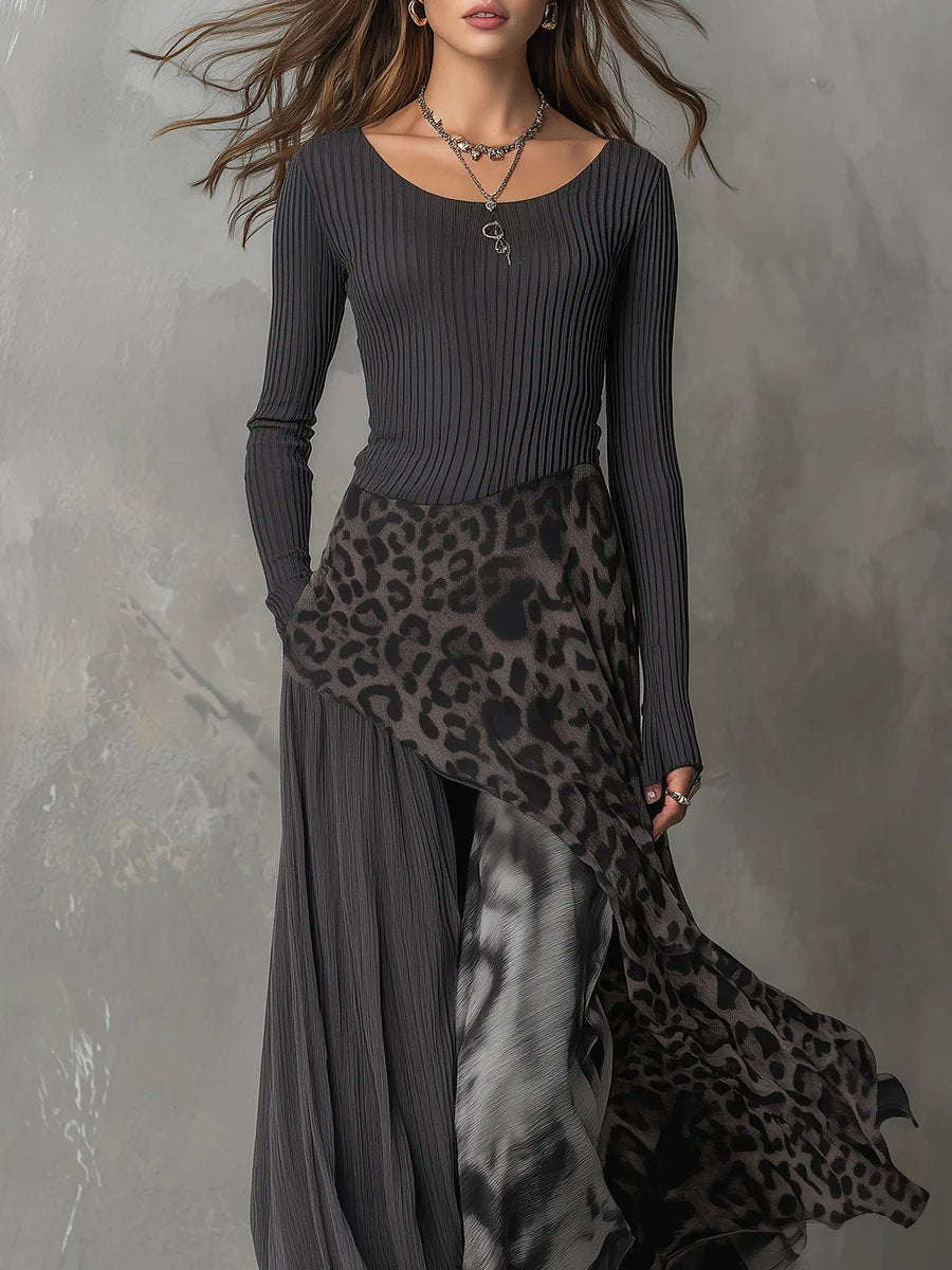 Evelyn | Schickes und trendiges Maxikleid mit Leopardenmuster und langen Ärmeln