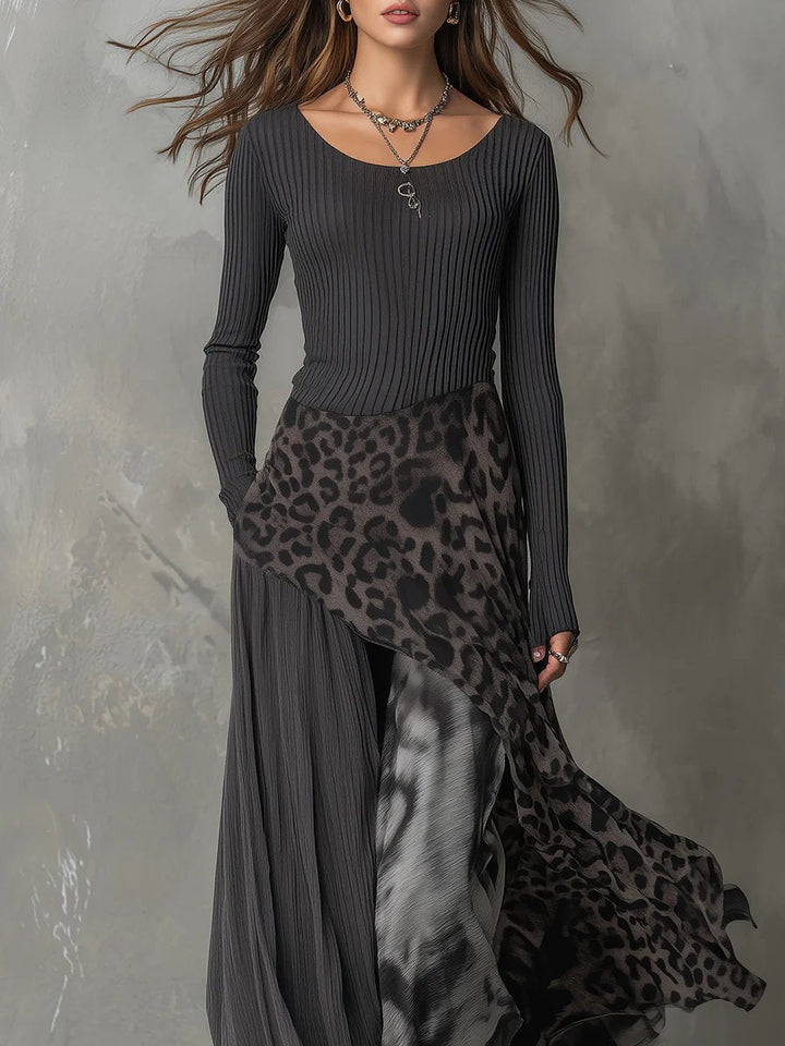 Evelyn | Schickes und trendiges Maxikleid mit Leopardenmuster und langen Ärmeln