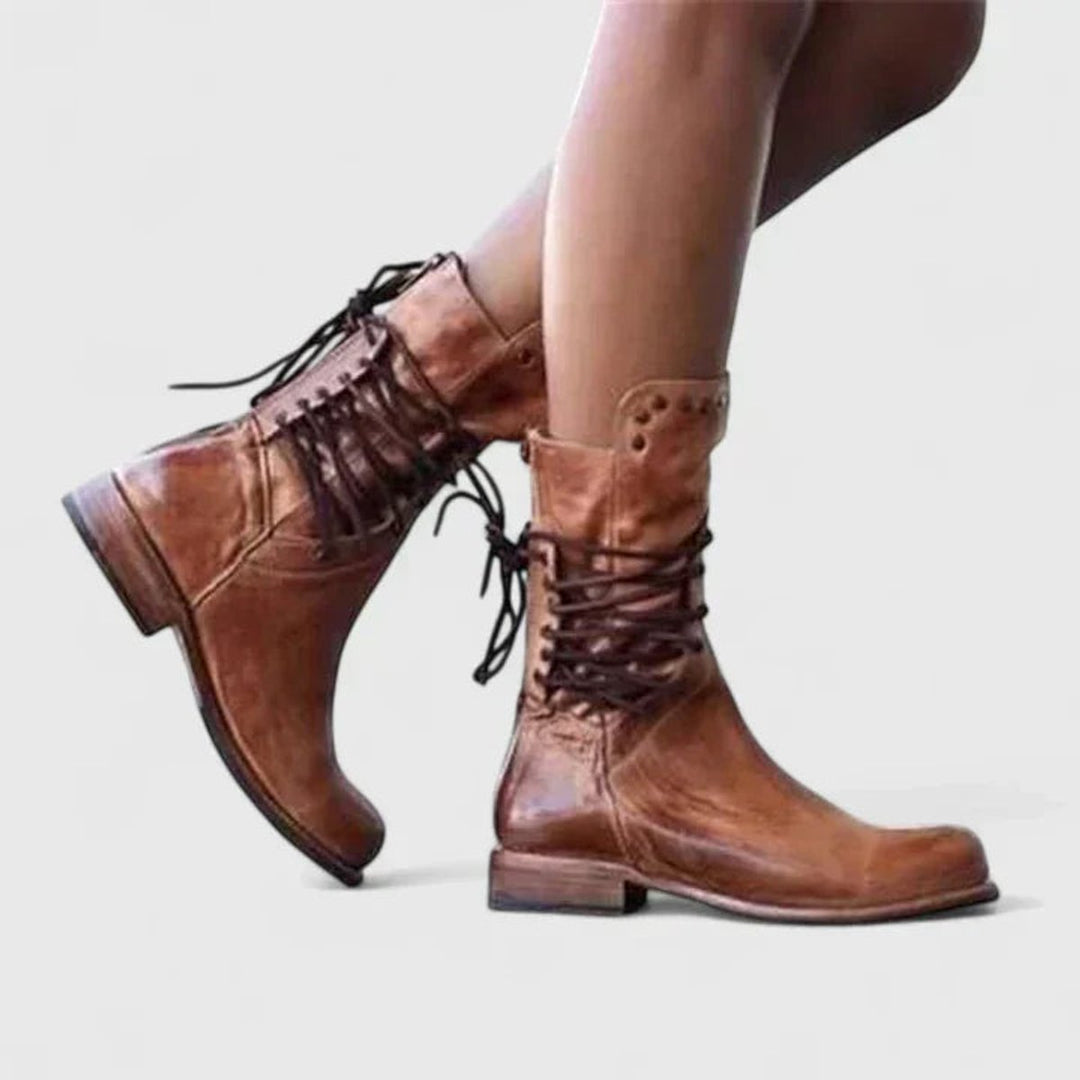 Sherlyn | Vintage Studded Lace-Up Knee High Boots
