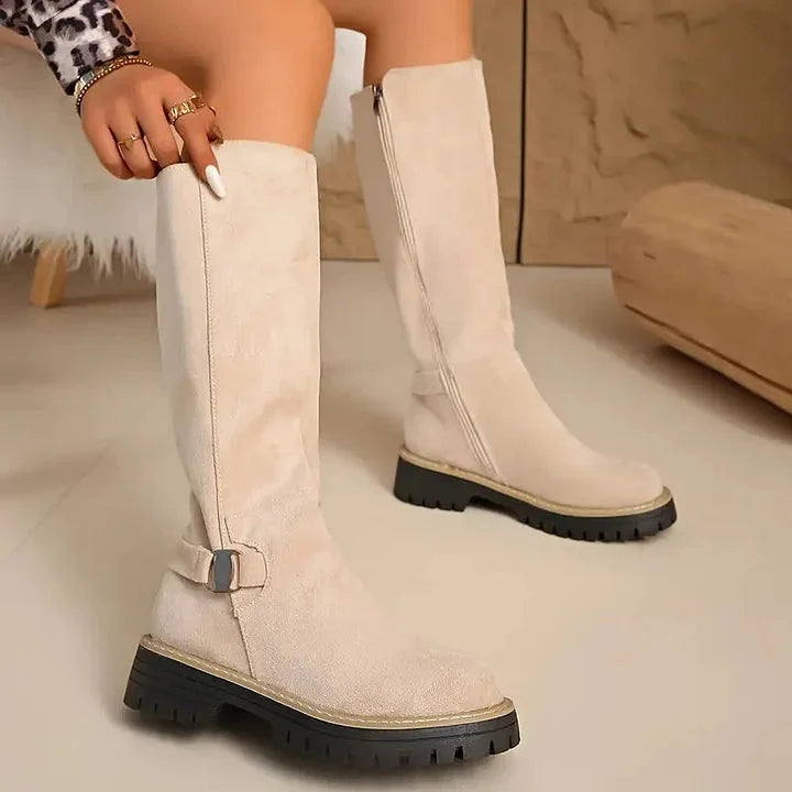 Deborah | Chic Lug Sole Buckle Accent Knee High Boots