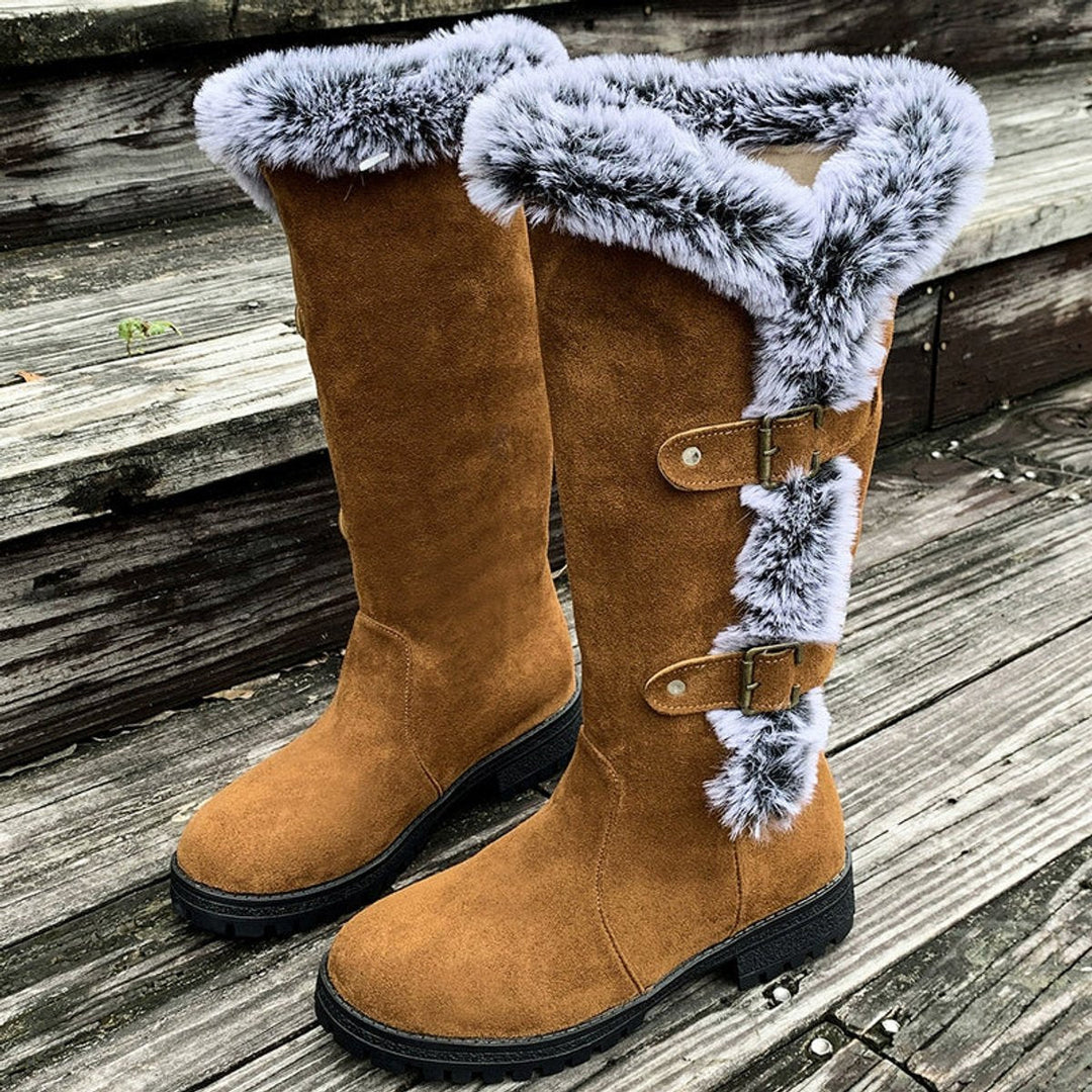 Fiona | Plush Fur-Trimmed Buckle Knee High Boots