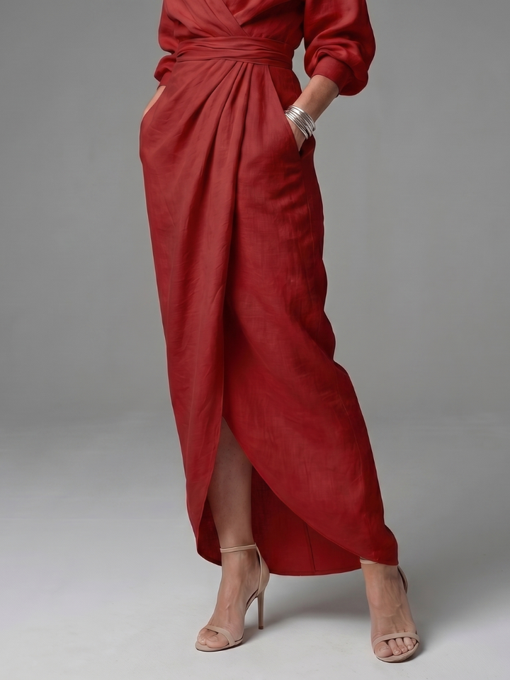 Estelle | Diagonal-Drape Long-Sleeve Fall Maxi Dress