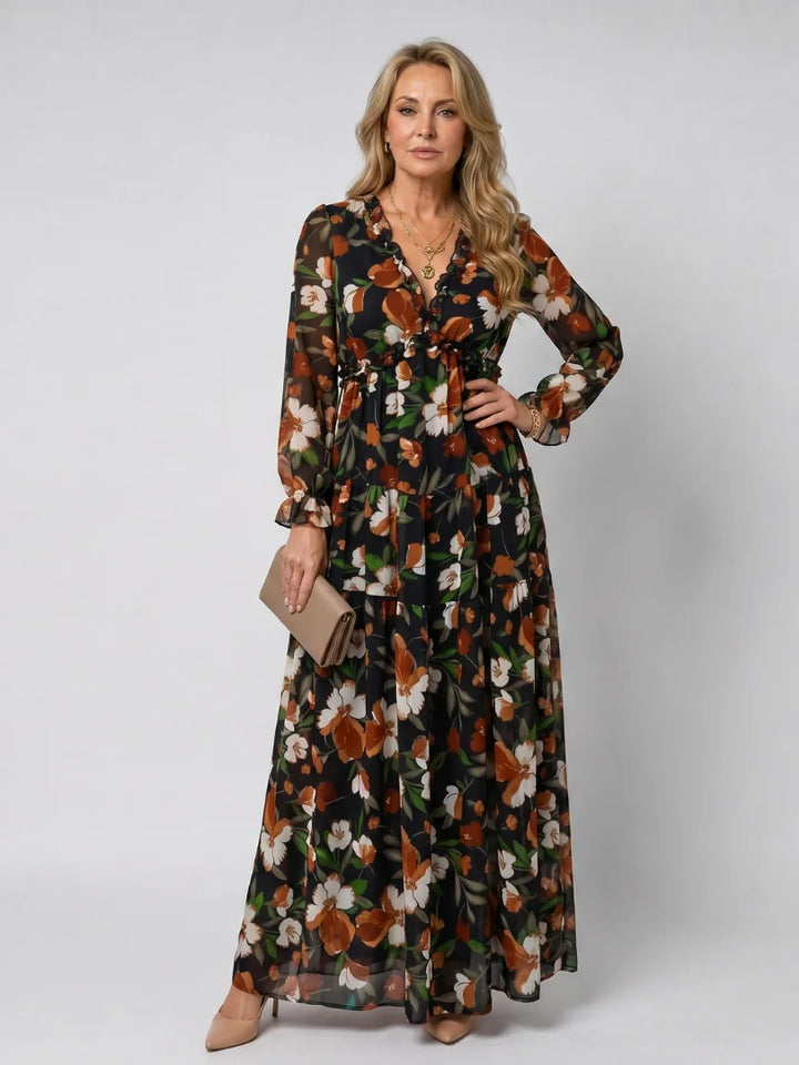 Isadora | Langarm-Maxikleid für den Herbst mit Blumenmuster und Volants