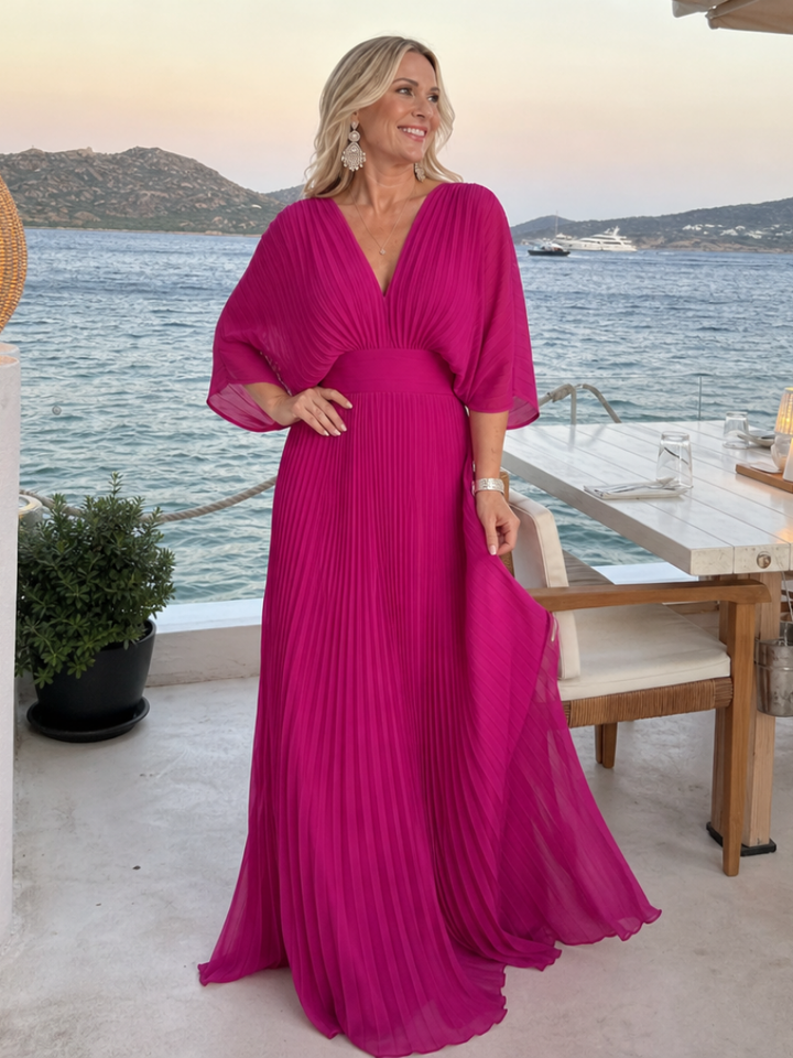 Nadia | V-Neck Long-Sleeve Pleated Fall Maxi Dress