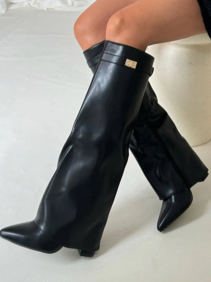 Alyssa | Elegant Women's Suede Knee High Boots with Gold Hardware 10