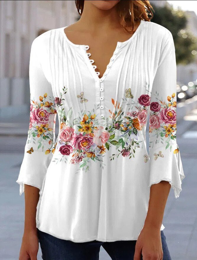 Amelia | Women's Floral Long Sleeve Relaxed-Fit Henley Blouse 1