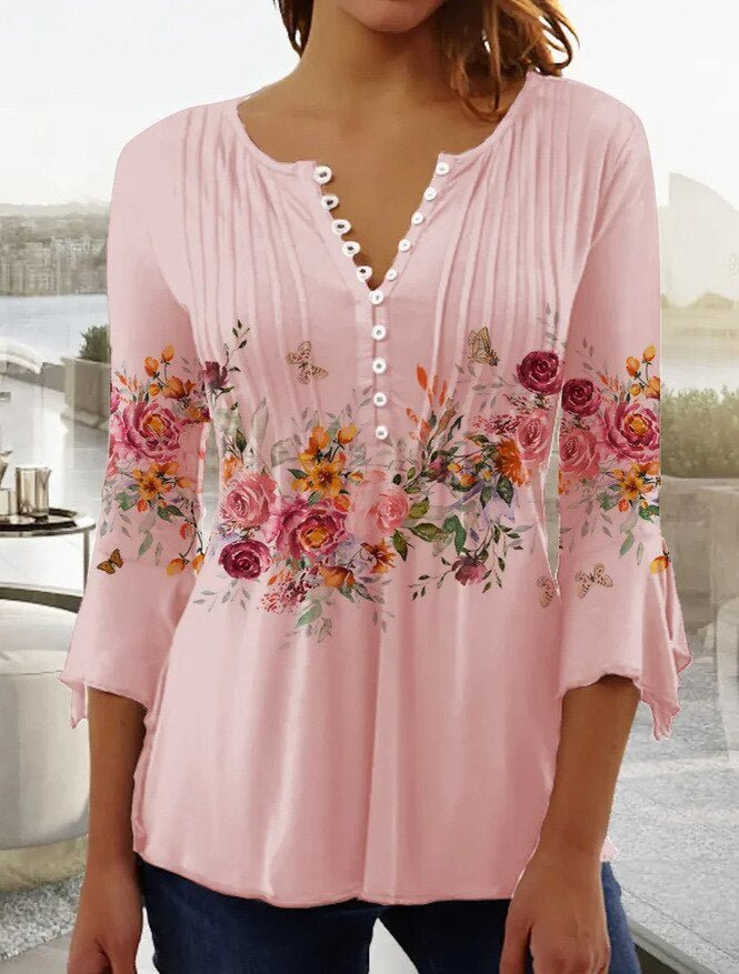 Amelia | Women's Floral Long Sleeve Relaxed-Fit Henley Blouse 2