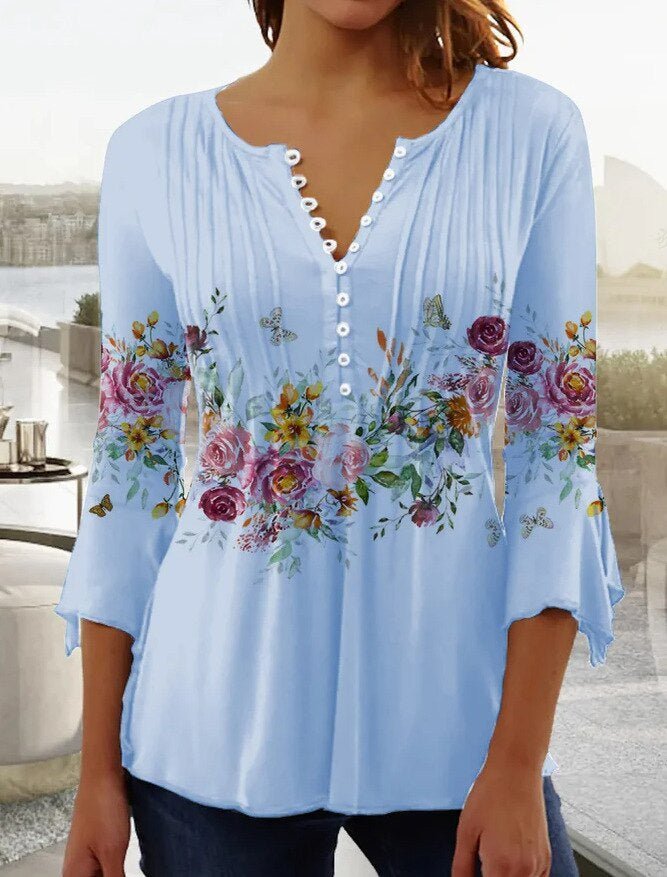 Amelia | Women's Floral Long Sleeve Relaxed-Fit Henley Blouse 3