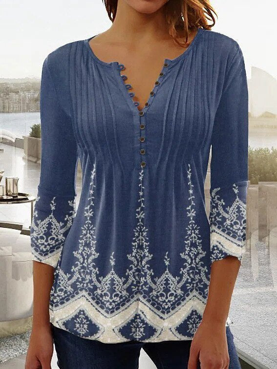 Amelia | Women's Floral Long Sleeve Relaxed-Fit Henley Blouse 4