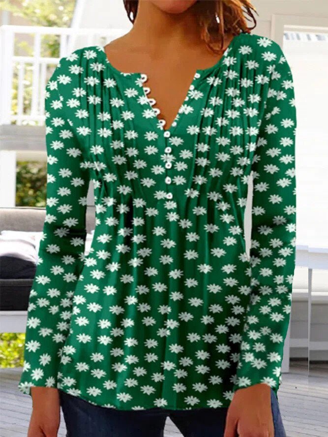 Amelia | Women's Floral Long Sleeve Relaxed-Fit Henley Blouse 5