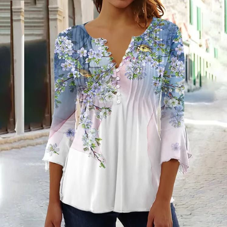 Amelia | Women's Floral Long Sleeve Relaxed-Fit Henley Blouse 6