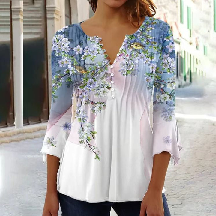 Amelia | Women's Floral Long Sleeve Relaxed-Fit Henley Blouse 6
