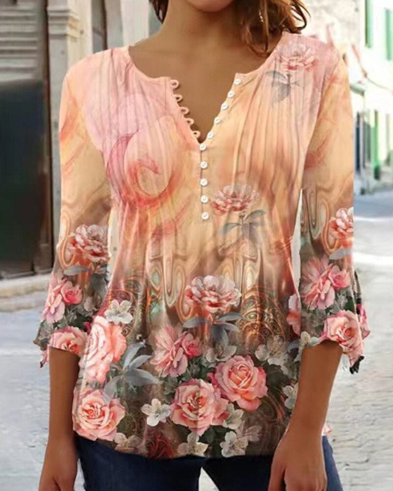 Amelia | Women's Floral Long Sleeve Relaxed-Fit Henley Blouse 7