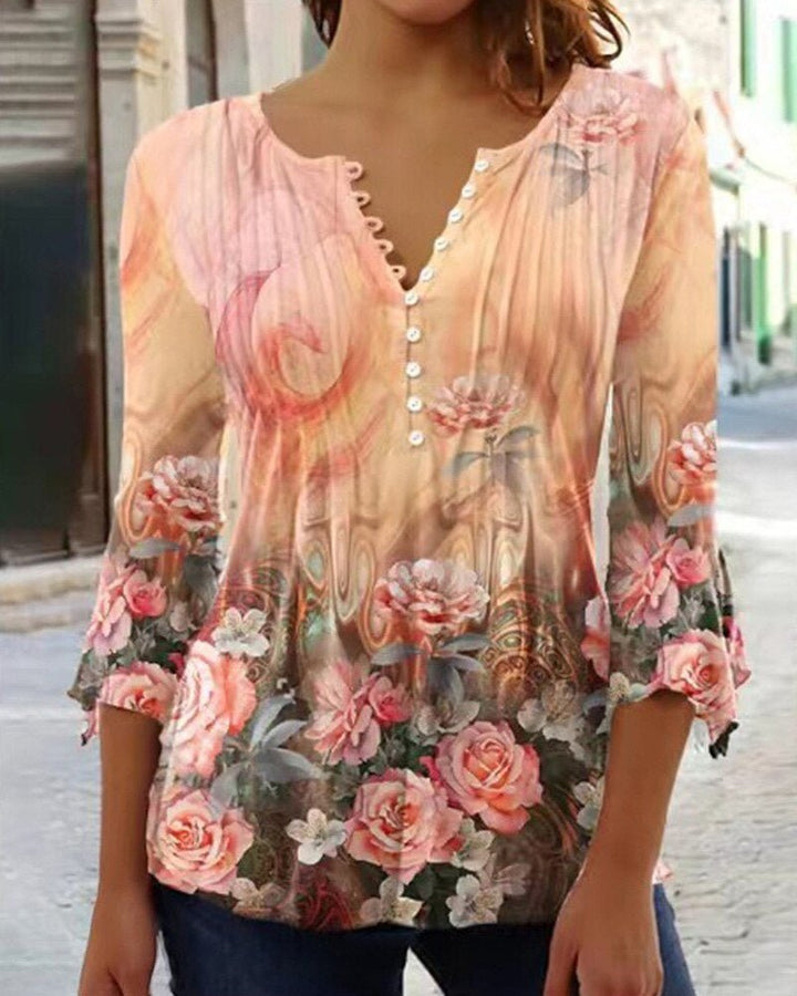 Amelia | Women's Floral Long Sleeve Relaxed-Fit Henley Blouse 7