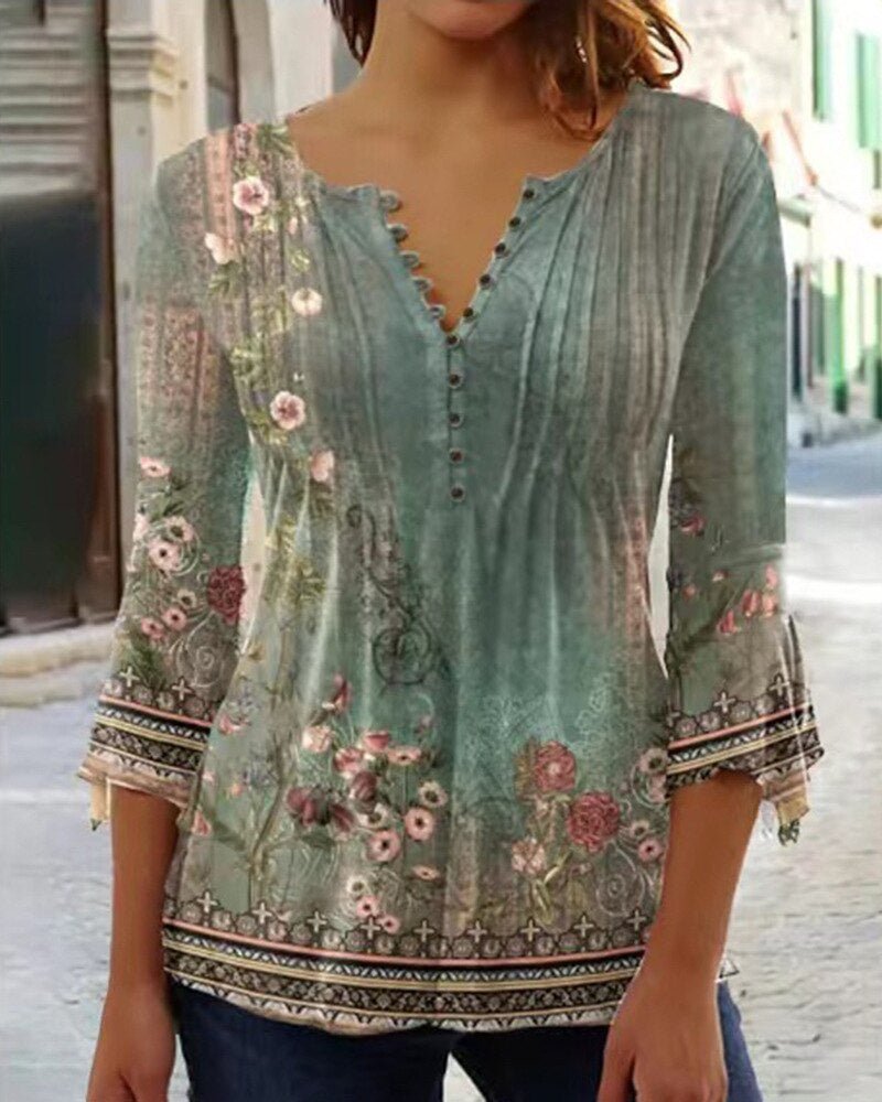Amelia | Women's Floral Long Sleeve Relaxed-Fit Henley Blouse 8