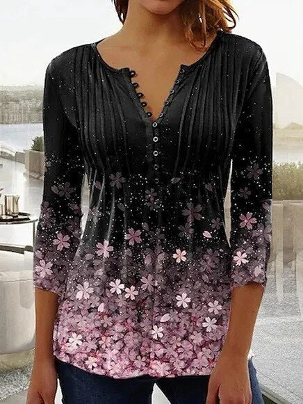 Amelia | Women's Floral Long Sleeve Relaxed-Fit Henley Blouse 9