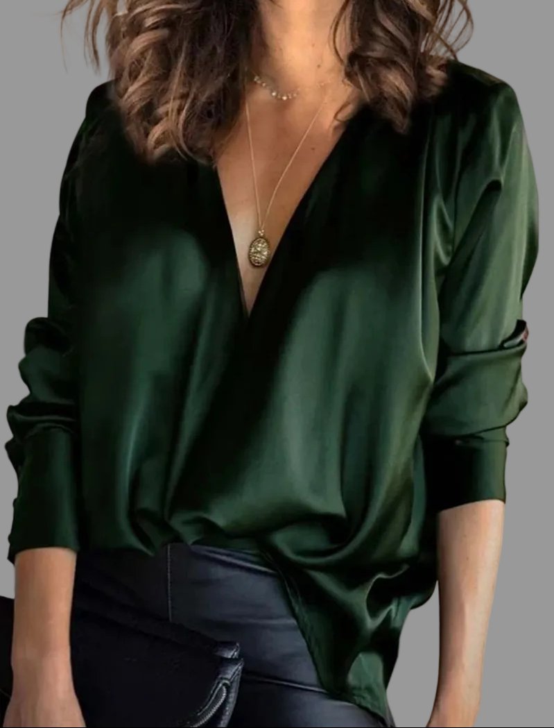 Aria | Women's Deep V-Neck Satin Long-Sleeve Draped Blouse 0