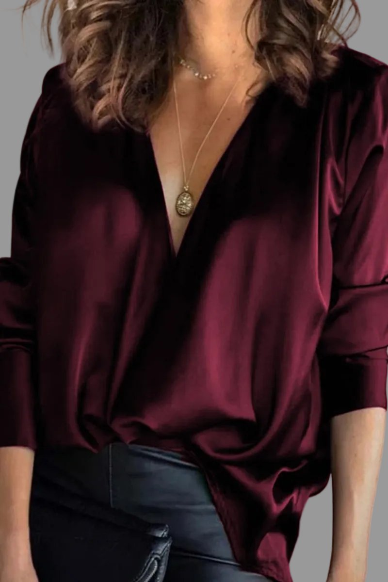 Aria | Women's Deep V-Neck Satin Long-Sleeve Draped Blouse 1