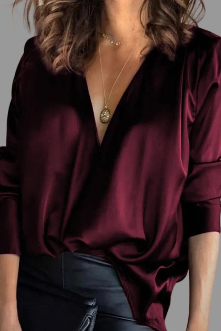 Aria | Women's Deep V-Neck Satin Long-Sleeve Draped Blouse 1