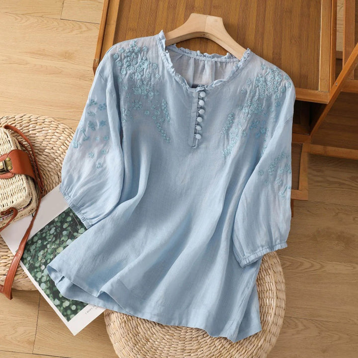 Aria | Women's Relaxed-Fit Floral Embroidered Ruffle-Neck Puff-Sleeve Blouse 0