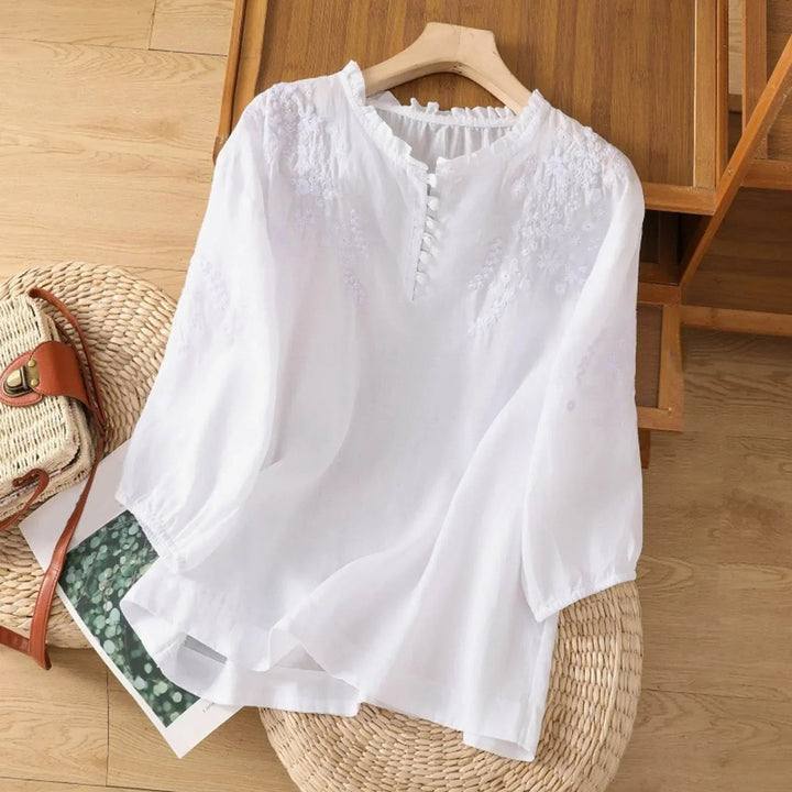 Aria | Women's Relaxed-Fit Floral Embroidered Ruffle-Neck Puff-Sleeve Blouse 1