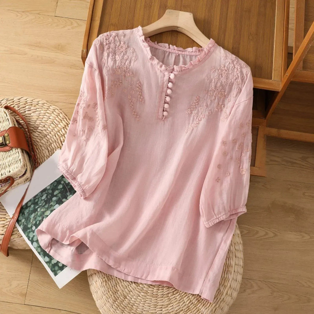 Aria | Women's Relaxed-Fit Floral Embroidered Ruffle-Neck Puff-Sleeve Blouse 2
