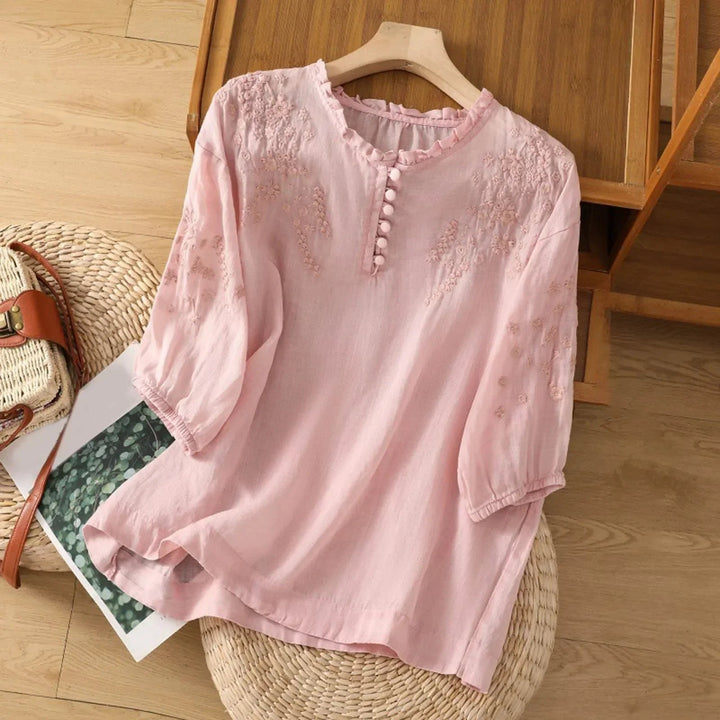 Aria | Women's Relaxed-Fit Floral Embroidered Ruffle-Neck Puff-Sleeve Blouse 2