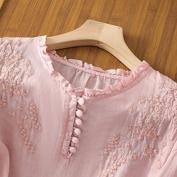 Aria | Women's Relaxed-Fit Floral Embroidered Ruffle-Neck Puff-Sleeve Blouse 3