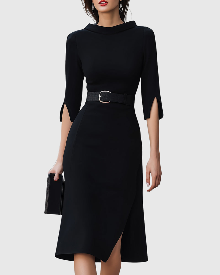 Blythewyn | Elegant Black Midi Dress – Long Sleeve &amp; Flattering Fit for Women 0