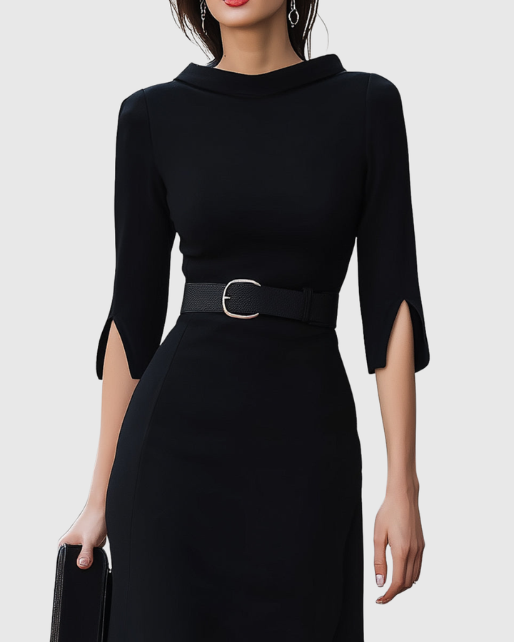 Blythewyn | Elegant Black Midi Dress – Long Sleeve &amp; Flattering Fit for Women 2