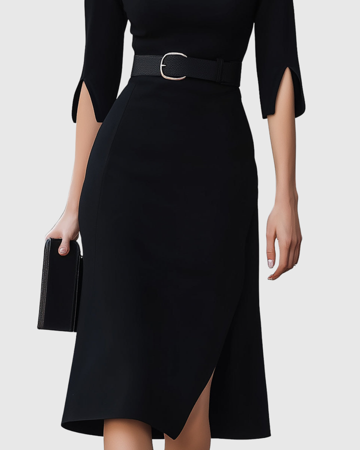 Blythewyn | Elegant Black Midi Dress – Long Sleeve &amp; Flattering Fit for Women 3
