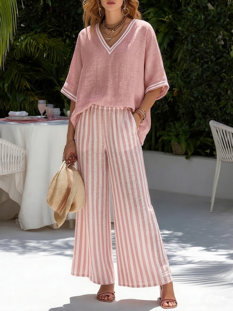 Breezy | Relaxed Fit Women's Two Piece Pants Set – Striped V-Neck & Wide Leg Design 1