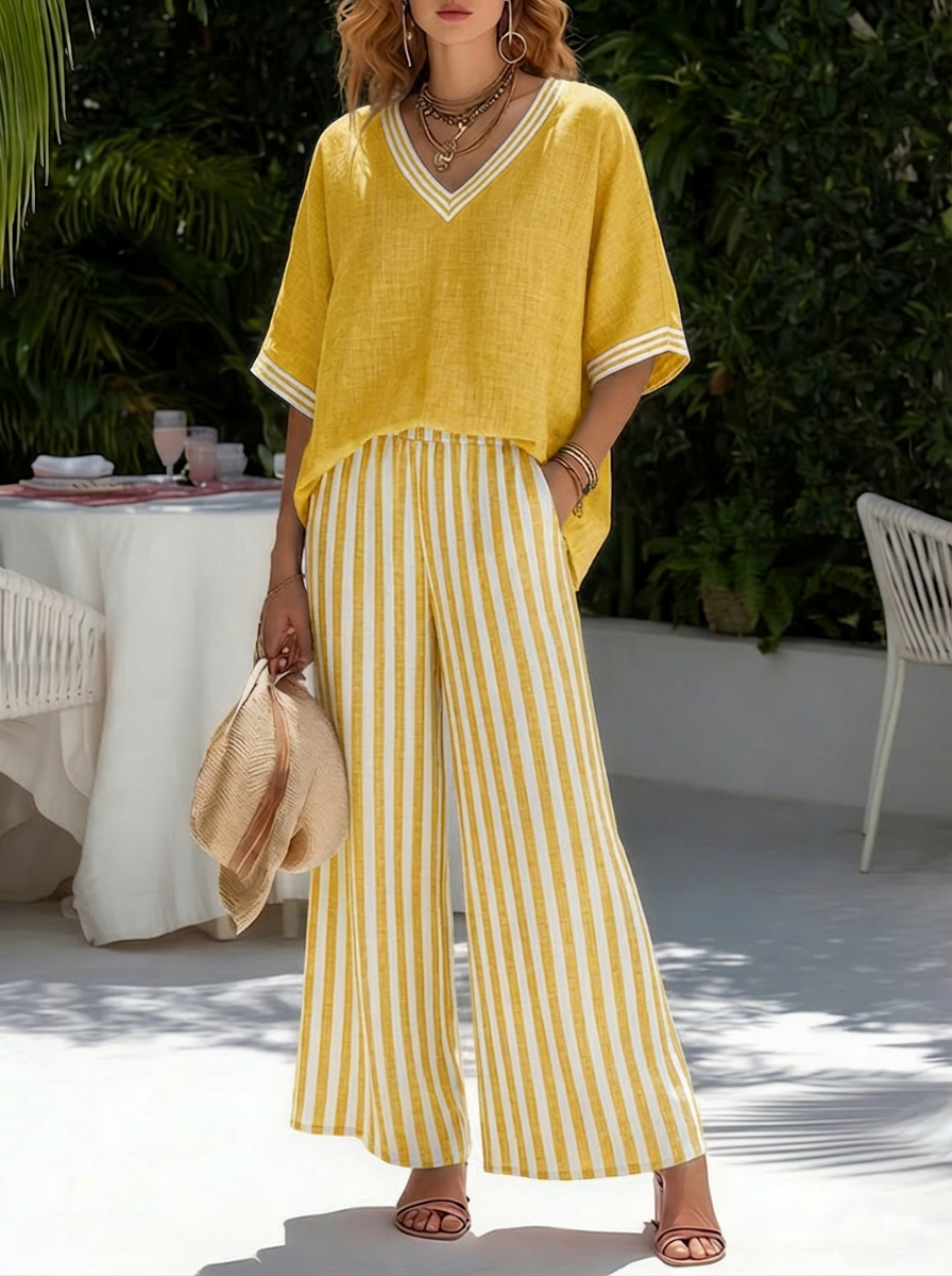 Breezy | Relaxed Fit Women's Two Piece Pants Set – Striped V-Neck & Wide Leg Design 3