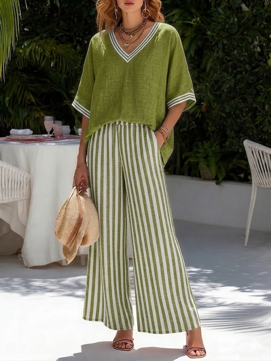 Breezy | Relaxed Fit Women's Two Piece Pants Set – Striped V-Neck & Wide Leg Design 4