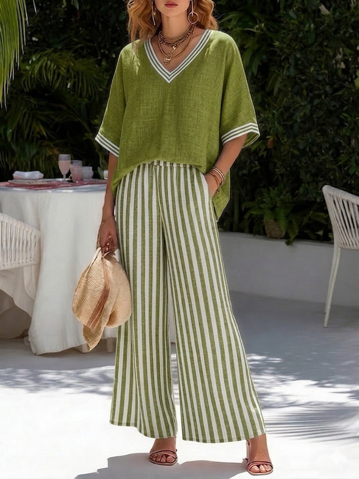 Breezy | Relaxed Fit Women's Two Piece Pants Set – Striped V-Neck & Wide Leg Design 4