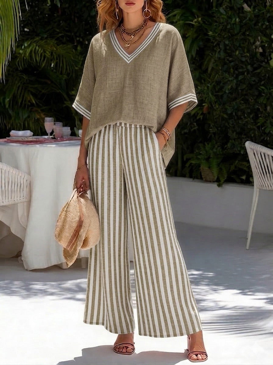 Breezy | Relaxed Fit Women's Two Piece Pants Set – Striped V-Neck & Wide Leg Design 6